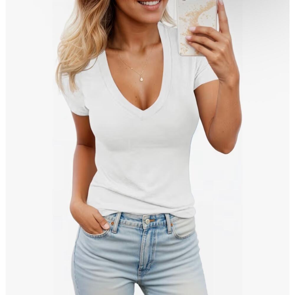 Womens Summer Short Sleeve Tshirt Tops Deep V Neck Shirts Casual Slim Fit Basic